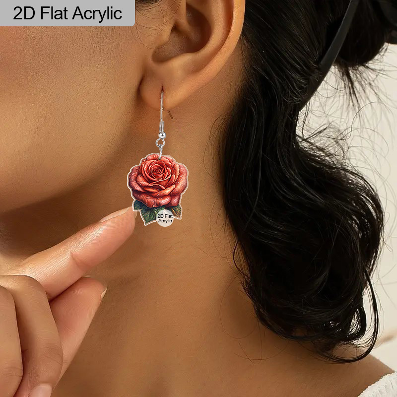 Valentine's Day Rose Flower Pattern Dangle Earrings, Gift for Women